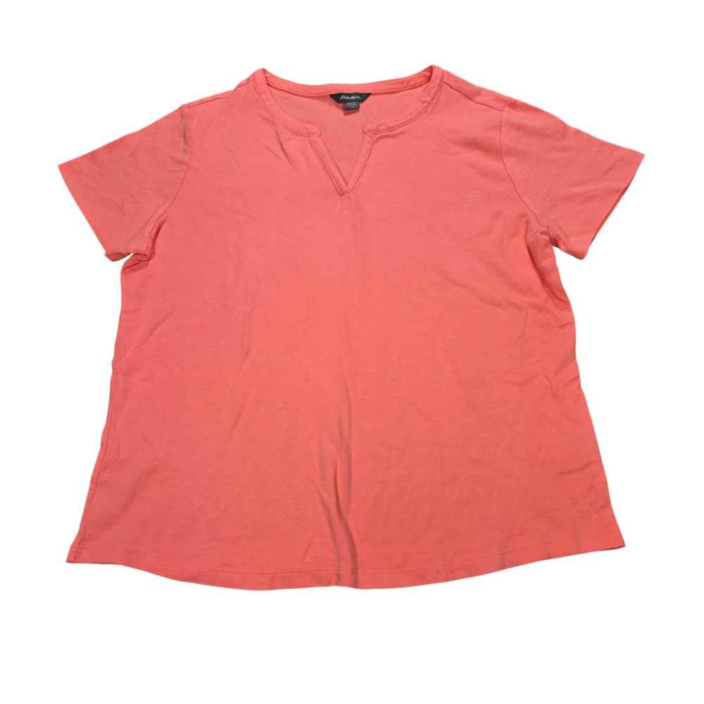 Eddie Bauer Pima Cotton Short Sleeve Tee Women's Size L Coral Pink Split Neck